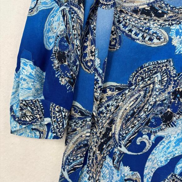 Chico's Duster Blouse Size L Blue White Paisley Button Up Semi Sheer Longline - Picture 6 of 12